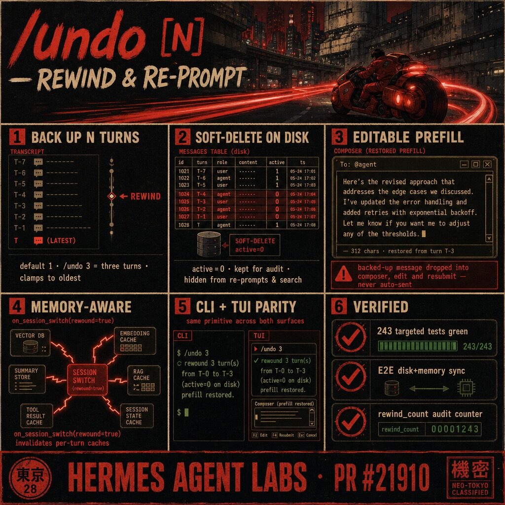 Six-panel infographic for the Hermes /undo [N] rewind feature: back up N turns, soft-delete on disk, editable prefill, memory-aware cache invalidation, CLI and TUI parity, and verification. Styled as a Neo-Tokyo classified document.